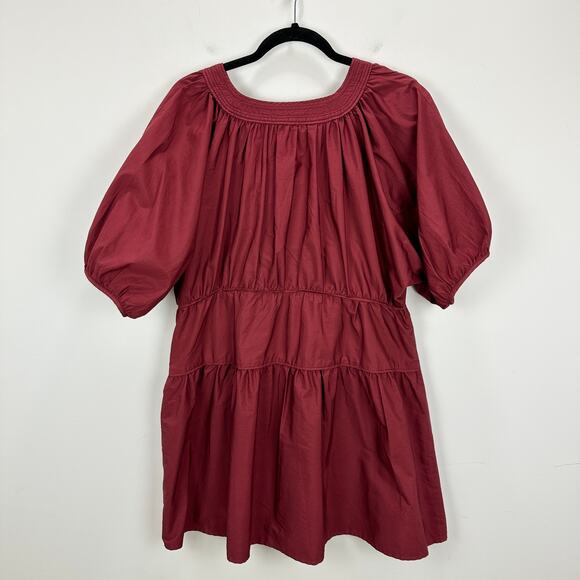 Madewell Puff Sleeve Mini Dress Poplin Claret Burgundy A Line Pockets Large NWT - Picture 10 of 15
